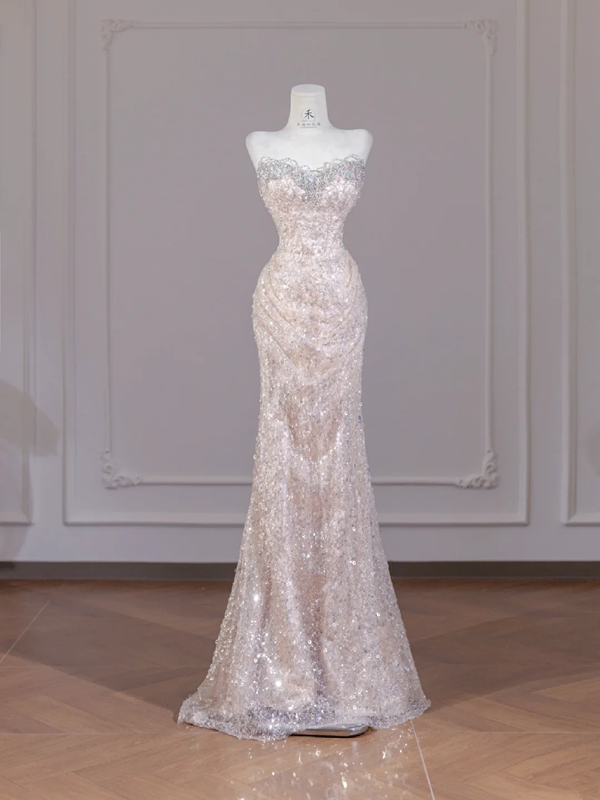 Light apricot strapless fitted sequined long ball gown R8274