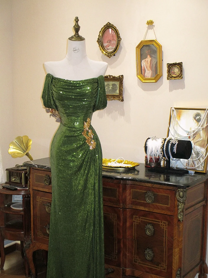 Green off-the-shoulder sequined fitted long ball gown R7186
