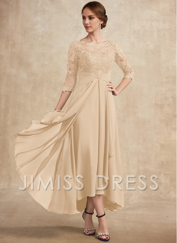 A-line hollow illusion asymmetrical lace chiffon belt with layered ruffles mother of the bride dress