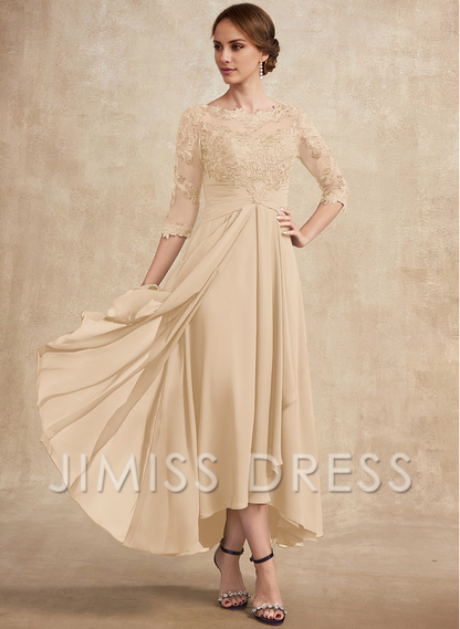 A-line hollow illusion asymmetrical lace chiffon belt with layered ruffles mother of the bride dress