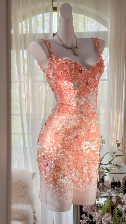 Orange-pink halter-neck, fitted waist, backless, sexy bodycon short ball gown R7668
