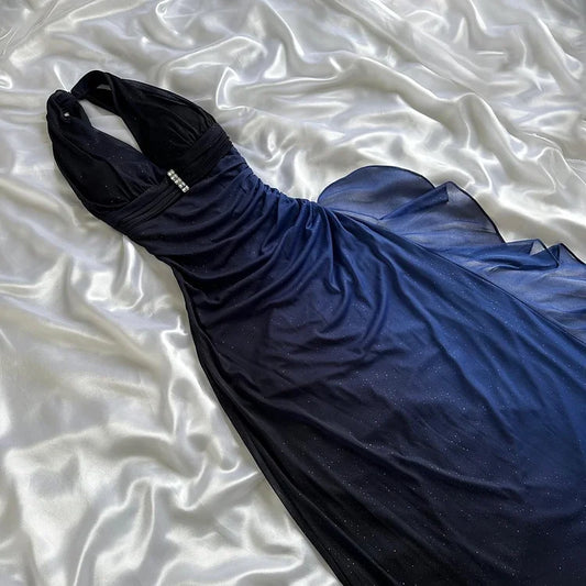 Dark blue/Purple shiny elegant exquisite beaded strap long chiffon prom, evening dress, party dress, graduation dress gh3507