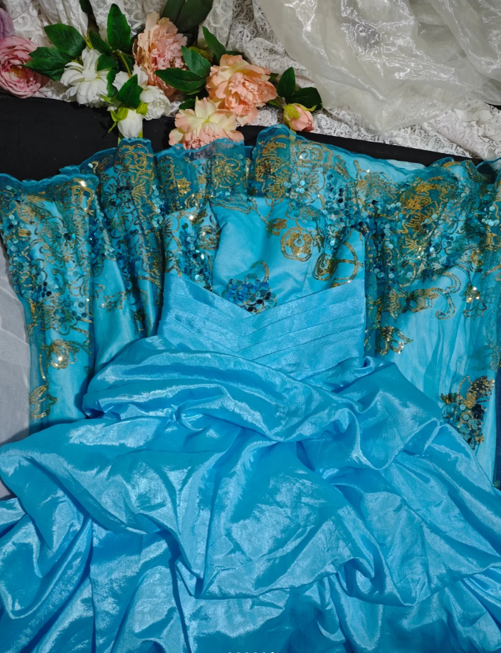 Gorgeous Strapless Quinceanera Dress Blue Satin Tulle Sequin Floral Ball Gown Sweet 16 Dress