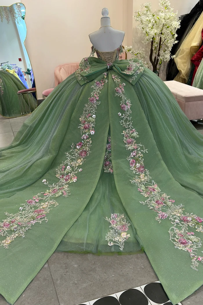 Gorgeous Off Shoulder Green Sleeveless Tulle Beaded Appliques Bow Knot Sweet 15 Quinceañera Dress SP1729