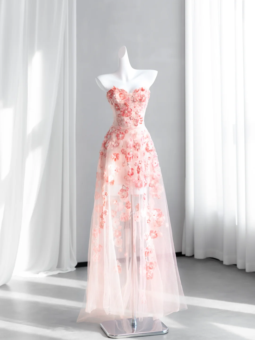 Pretty Pink Strapless Tulle Beaded Appliques Long Birthday Party Dress Prom Gown SP1511