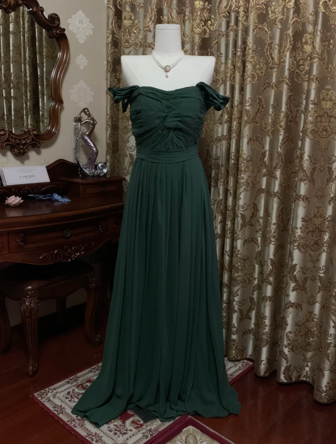 Vintage Green Off The Shoulder Satin Pleated Long Wedding Guest Dress Party Dress Prom Gown