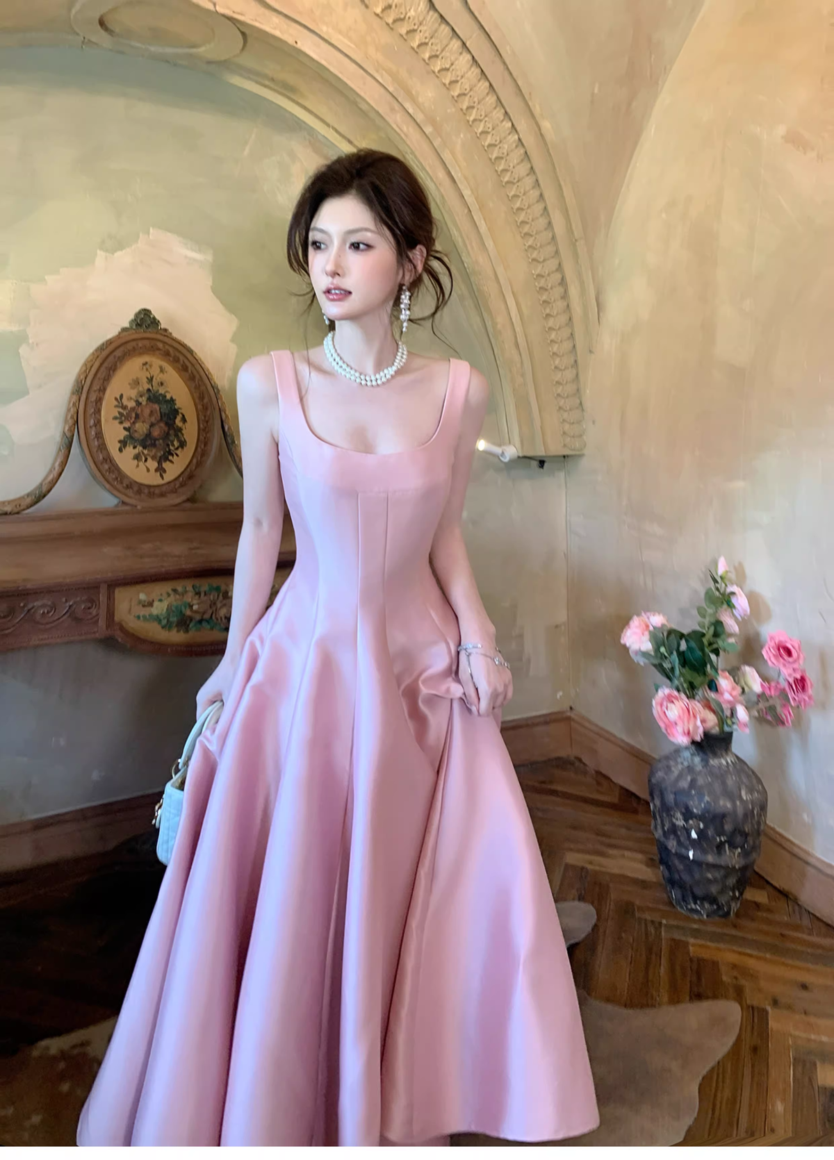 Elegant Pink Sleeveless Satin A Line Long Birthday Evening Dress Formal Wedding Guest Dress SP1652