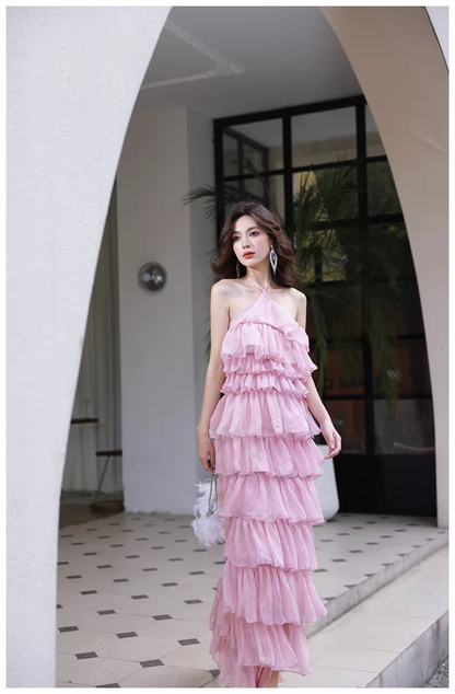 Pretty Pink Halter Chiffon Ruffle Layered Slit Long Birthday Prom Dress Evening Gown