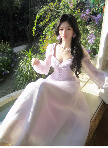 Sweet Lavender Tulle Lace A Line Long Party Dress Birthday Prom Dresses SP1500