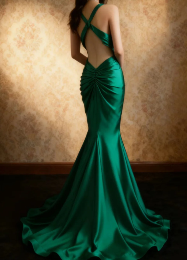 Stylish Green V Neck Satin Backless Long Mermaid Party Dress Formal Wedding Guest Dress SP1204