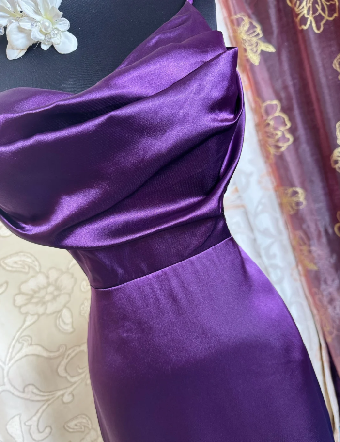 Stylish Spaghetti Straps Purple Satin Mermaid Long Evening Dress Birthday Dress SP1890