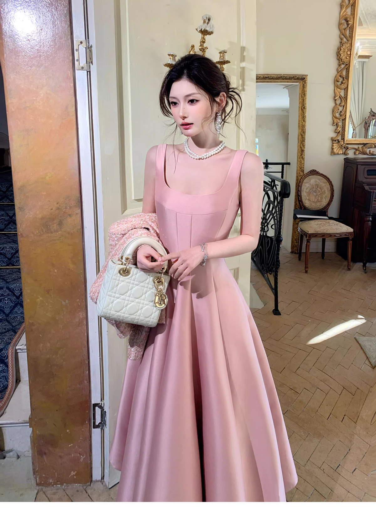 Elegant Pink Sleeveless Satin A Line Long Birthday Evening Dress Formal Wedding Guest Dress SP1652