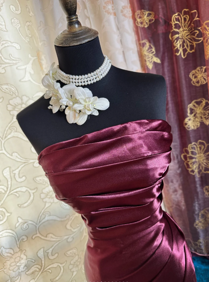 Elegant Burgundy Strapless Satin Pleated Mermaid Long Evening Dress Prom Dresses SP1621