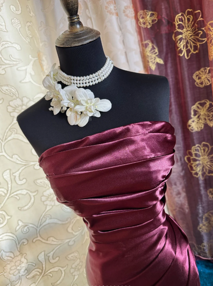 Elegant Burgundy Strapless Satin Pleated Mermaid Long Evening Dress Prom Dresses SP1621