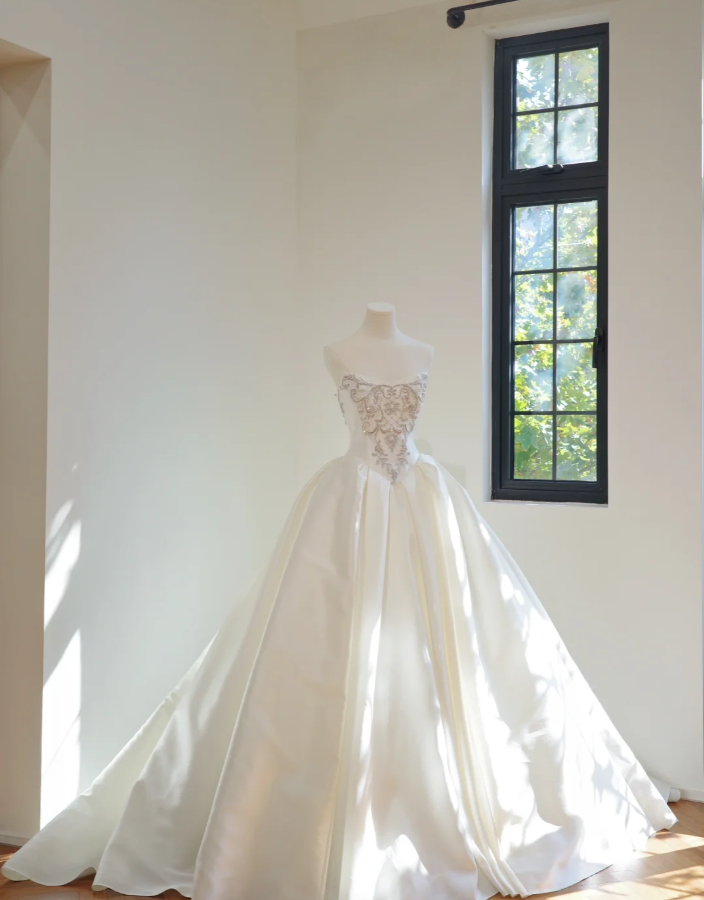 Elegant Strapless White Satin Beaded Ball Gown Long Wedding Dress