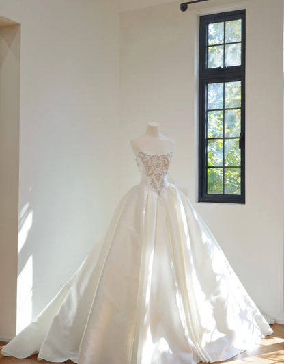 Elegant Strapless White Satin Beaded Ball Gown Long Wedding Dress