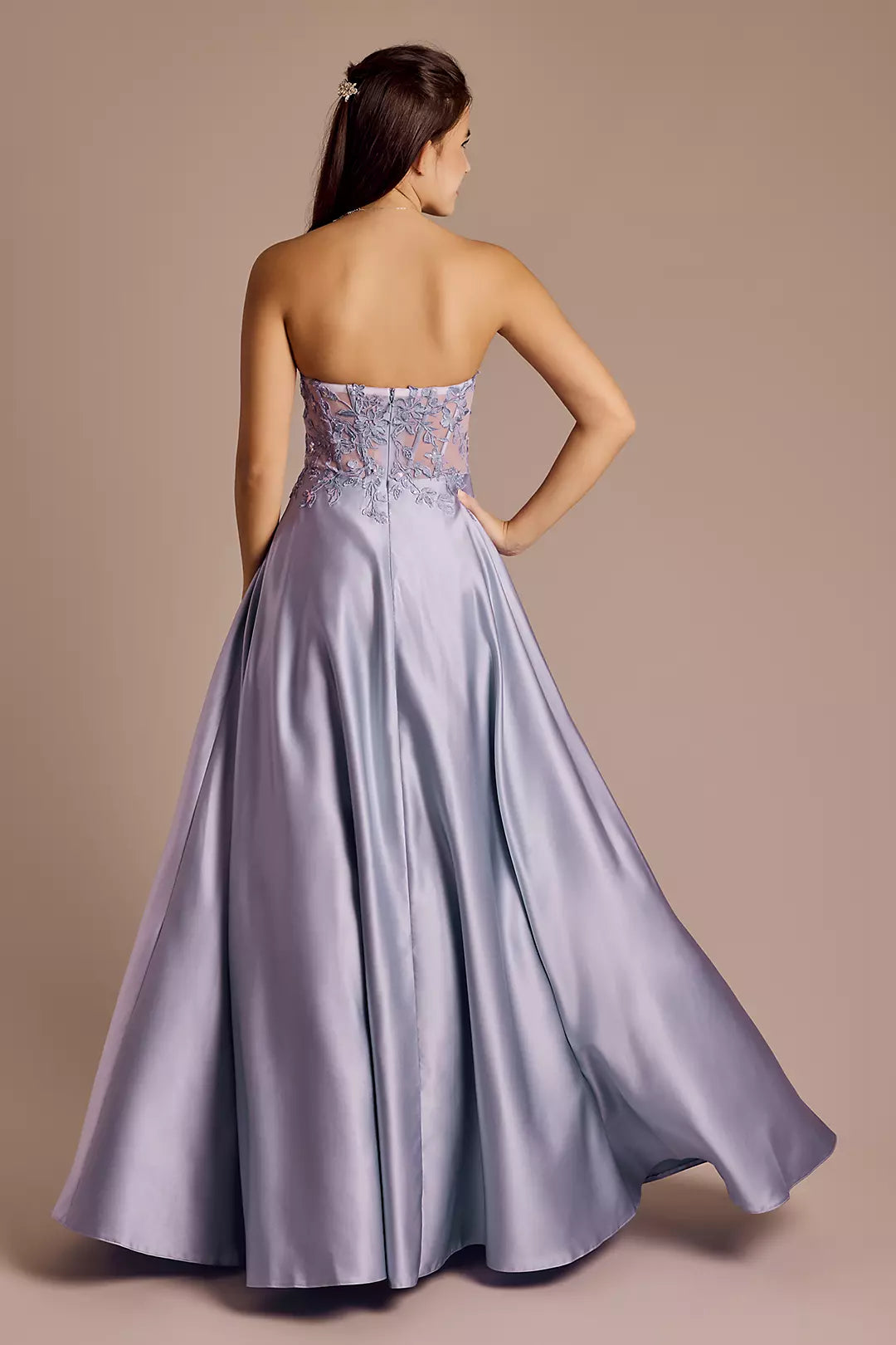 Draped Strapless Satin Appliqued Ball Gown