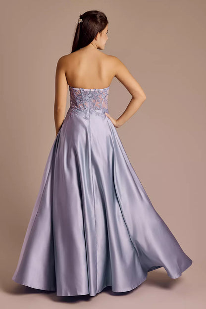 Draped Strapless Satin Appliqued Ball Gown
