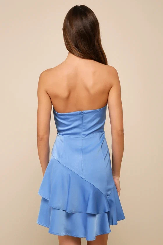 A-line off shoulder collar sleeveless strapless layered backless short Homecoming dress