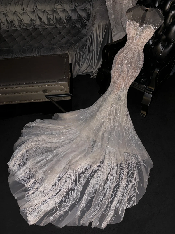 Light pink round neck, fitted waist, bodycon long elegant ball gown, bridal dress R8763