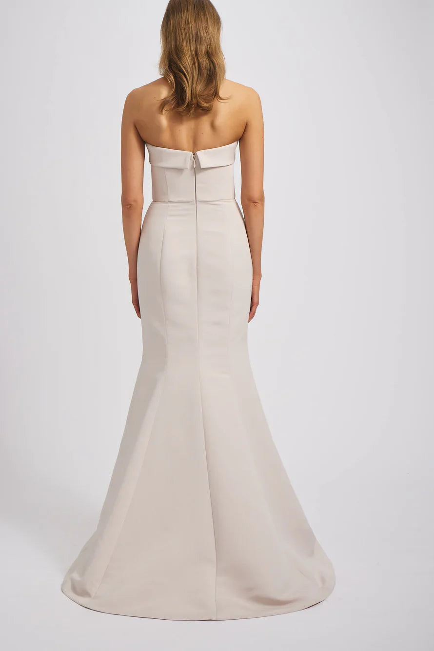 off shoulder collar sleeveless strapless backless and floor length Prom dress