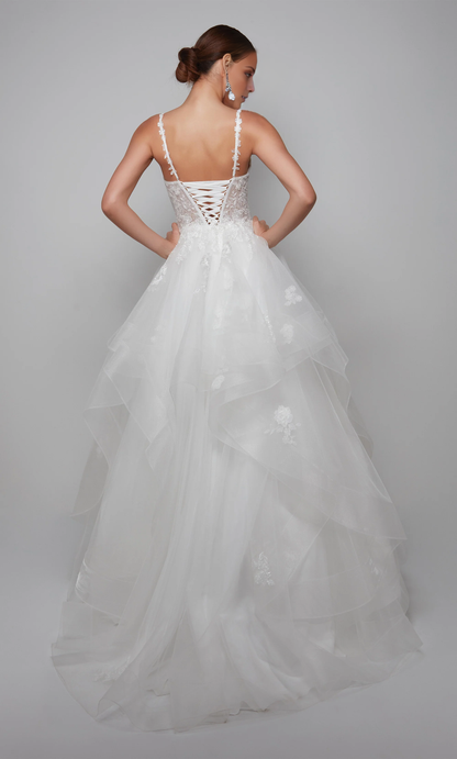 Thin gauze lace deep V-neck tied back transparent tight corset and floor length wedding dresses