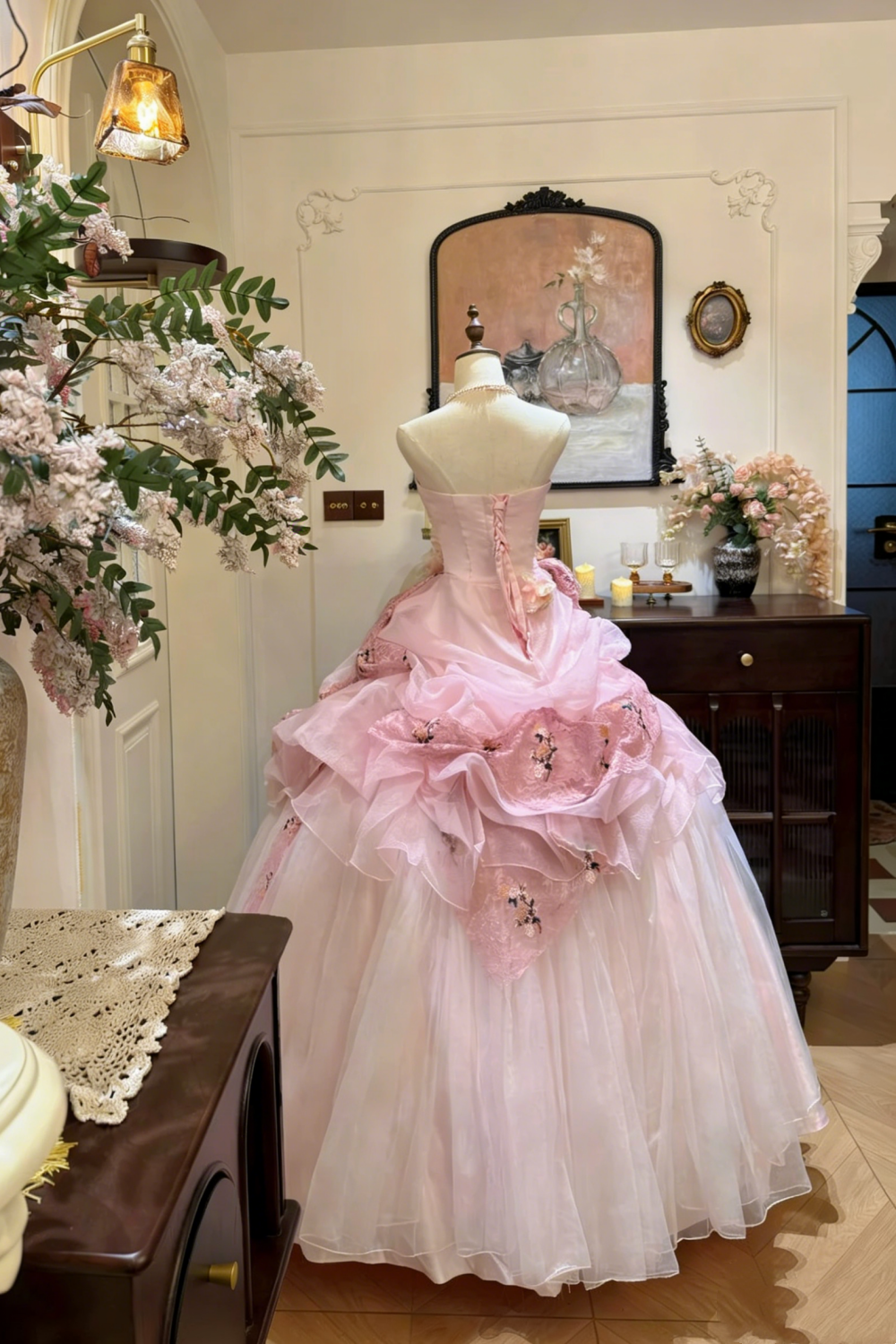 Vintage Romantic Light Pink Retro Gown - Strapless 3D Flower Layered Lace Ballgown Party Maxi Dress gh6998