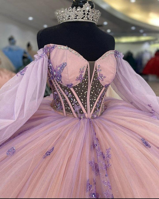 Princess 3D Butterfly Beading Crystal Ball Gown Quinceanera Dresses Illusion Sequined Appliques Lace Corset Vestidos De 15 Años