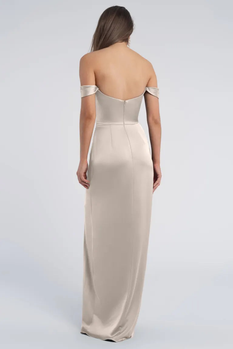 off shoulder collar sleeveless backless side slit and floor length evening dress