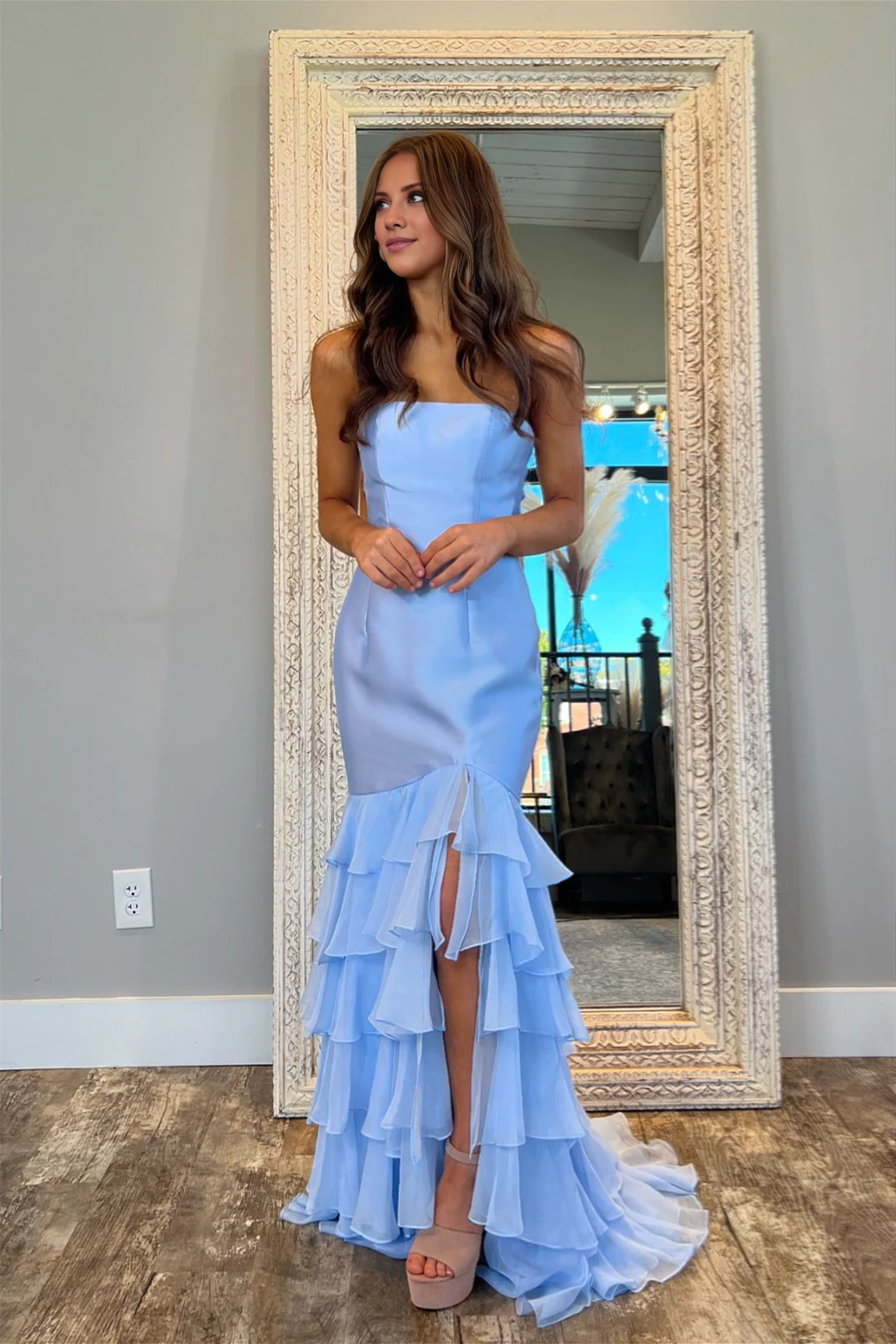 off shoulder blue layered slit mermaid long dress