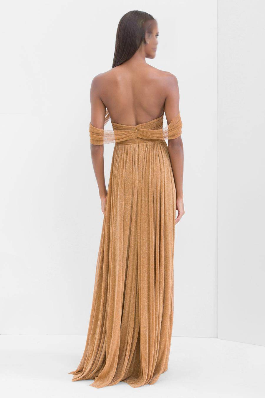 off shoulder collar sleeveless pleated backless and floor length evening dress
