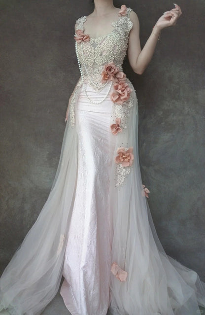 Pink Beaded Gorgeous Long Lace Tulle Mermaid Slim Ball Gown Evening Dress Party Dress gh4706