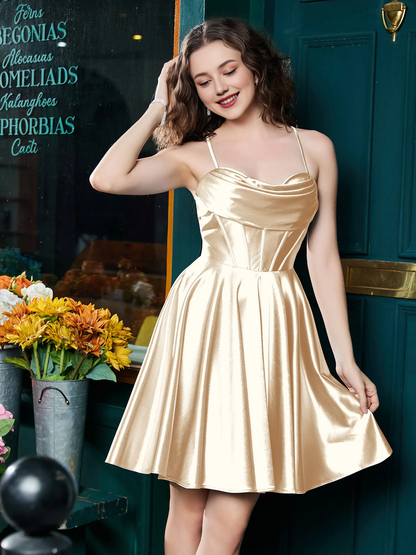 Thin shoulder strap tied with satin mini Homecoming dress