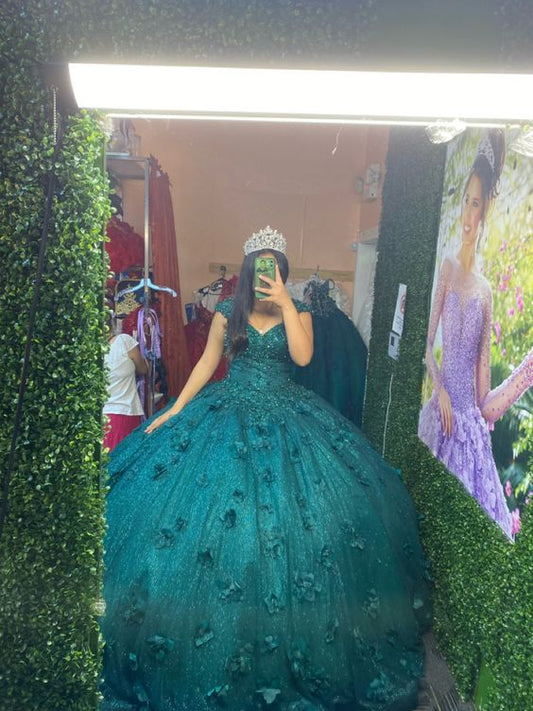 Emerald 3D Flowers Quinceanera Dress Sweet 15 16 Party Ball Gown