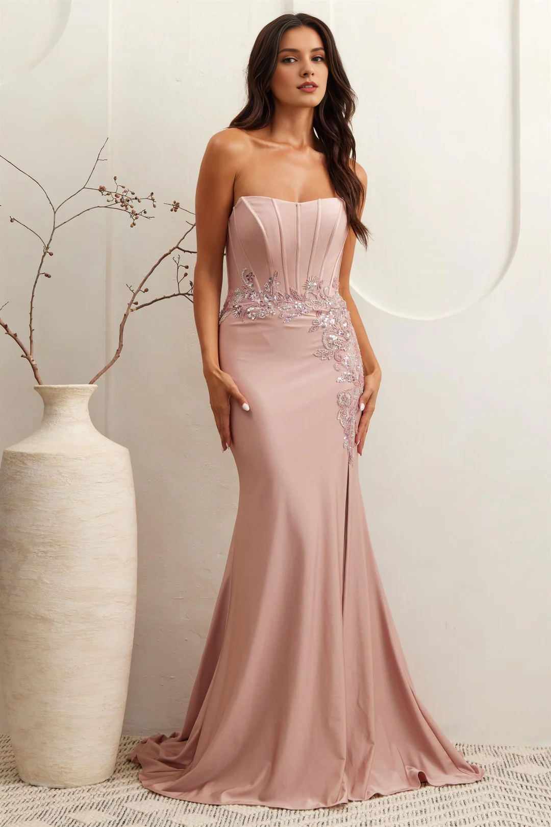 Sequin decal long strapless tight corset dress