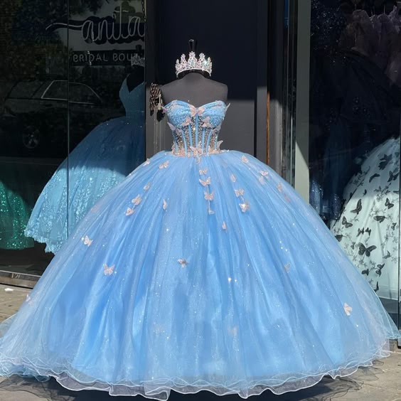 Sky Blue Quinceanera Dresses 3D Butterfly Sweet 16 Prom Birthday Party Ball Gown