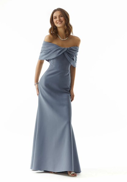 crepe A-line off shoulder collar and floor length evening dress