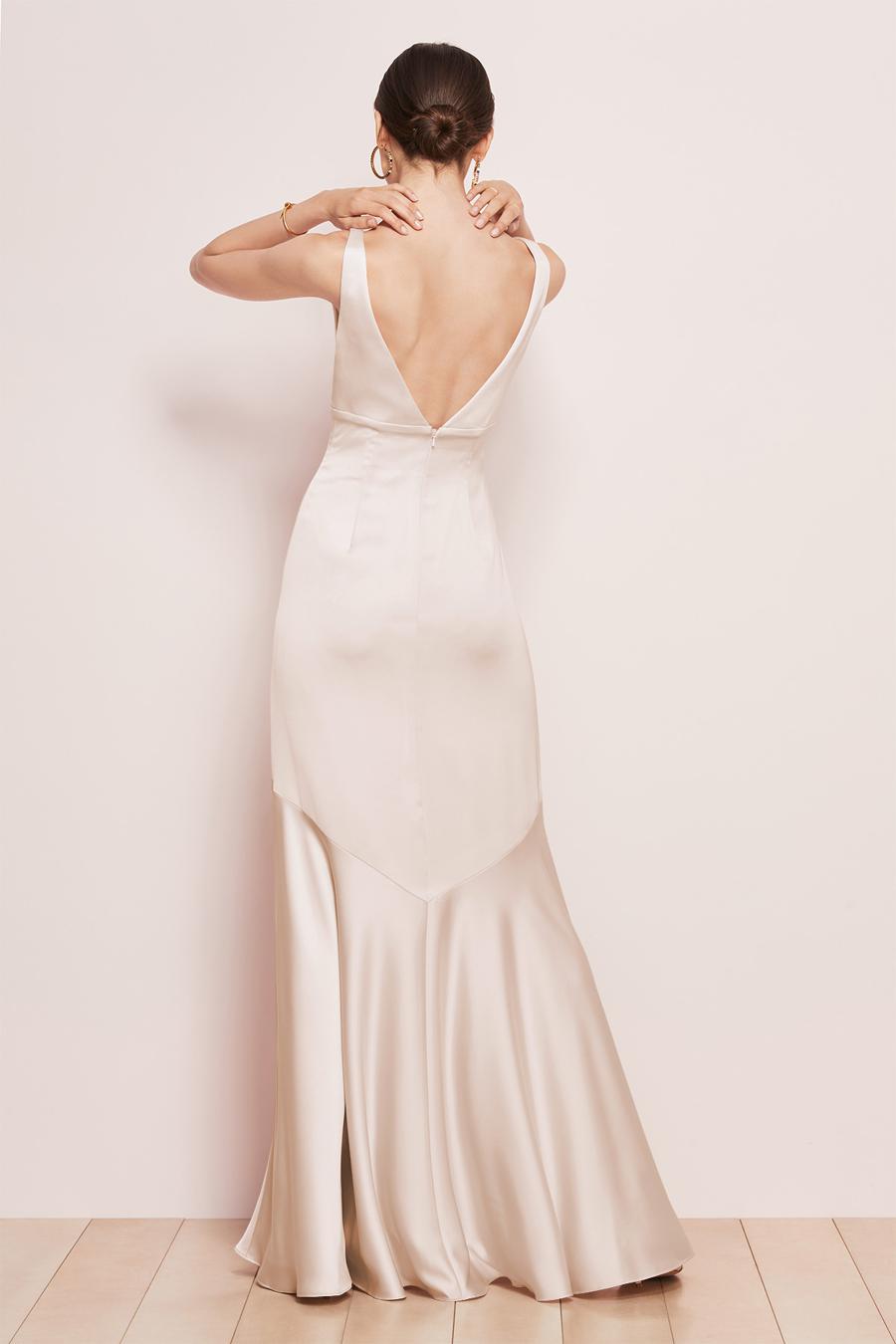 deep V-neck sleeveless backless and floor length evening dress