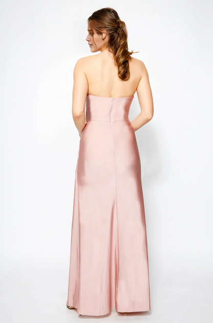 off shoulder collar sleeveless strapless backless side slit and floor length Prom dress