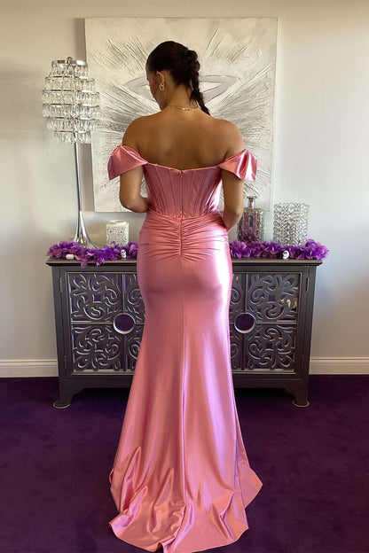 off shoulder pink slit fish tail Prom dress