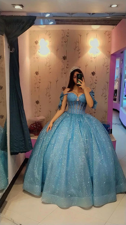 Sparkly Blue Quinceanera Dress Off Shoulder A Line Birthday Party Princess Ball Gown
