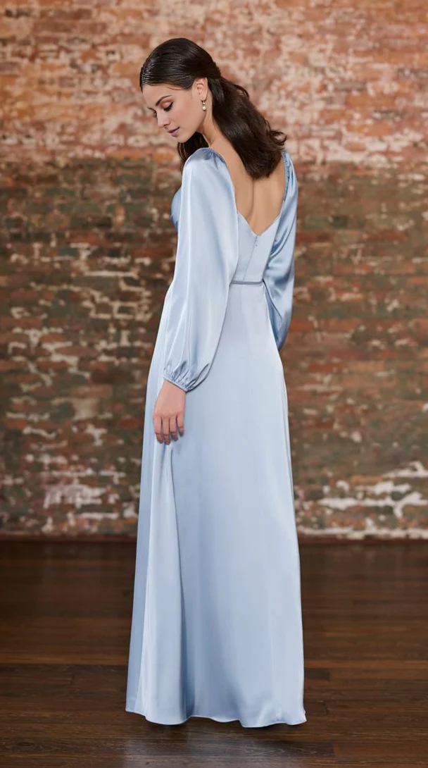 square neckline off shoulder long sleeved backless side slit and floor length Prom dress