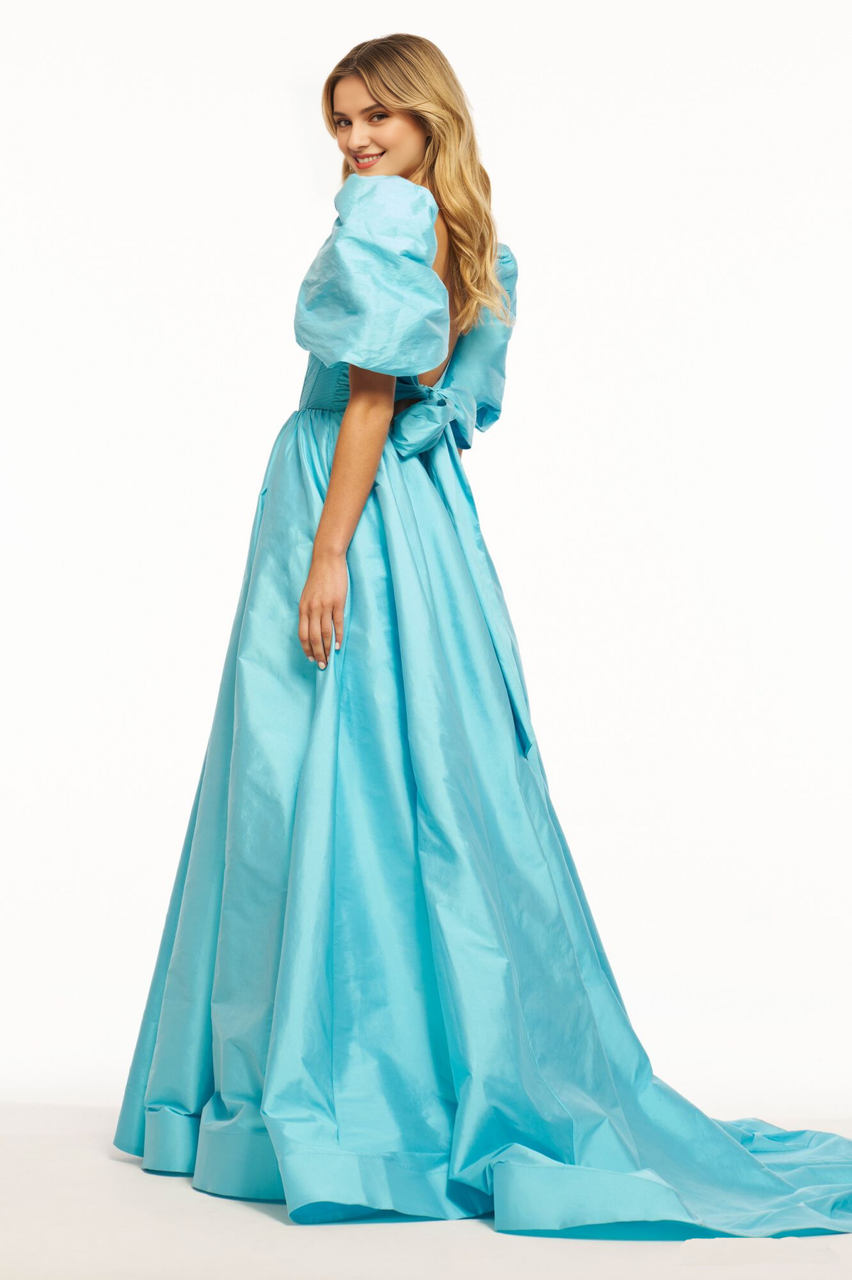 Satin tight corset lantern sleeves and floor length Prom dress