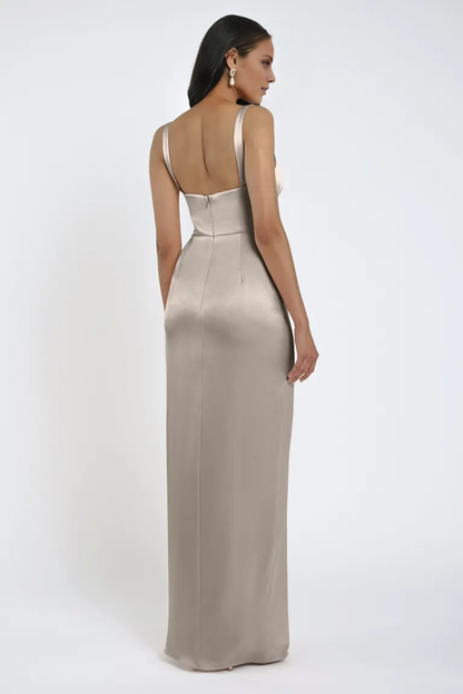 square neckline sleeveless backless side slit and floor length Prom dress