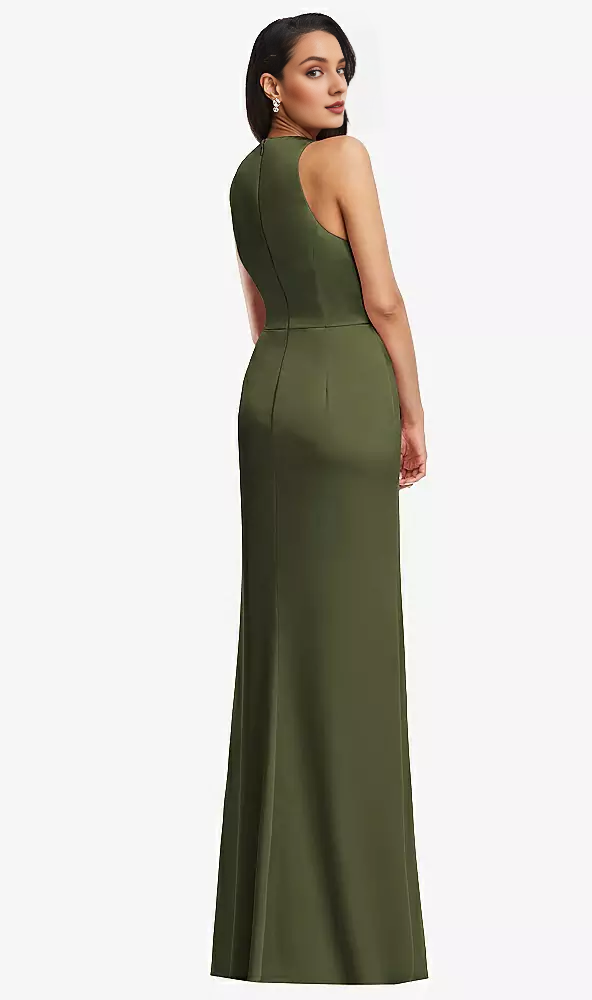 Pleated V-neck back slit horn and floor length Prom dress