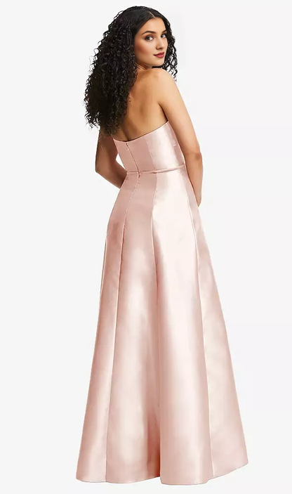Front slit strapless tight corset A-line satin Prom dress