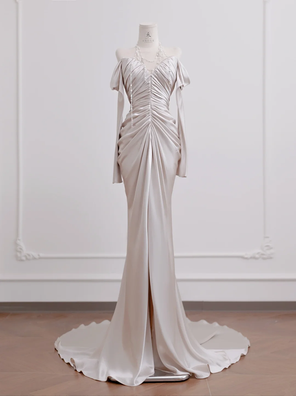 Light champagne-colored off-the-shoulder, fitted, long, sexy ball gown/bridal dress R8277