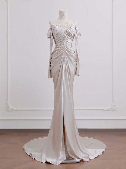 Light champagne-colored off-the-shoulder, fitted, long, sexy ball gown/bridal dress R8277