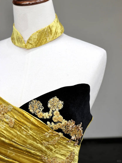 Girlhomeshops -Yellow floral long velvet prom dress evening dress party dress gh5117