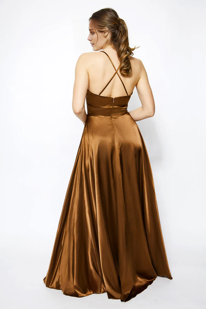 V collar off shoulder sleeveless thin shoulder strap backless and floor length Prom dress